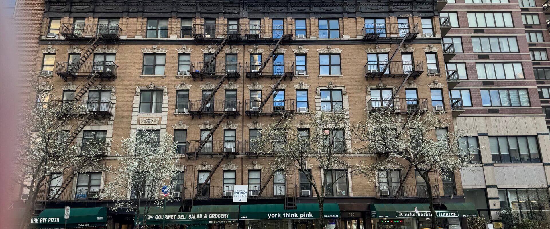 Yorkville storefronts beneath blooming spring trees on the Upper East Side